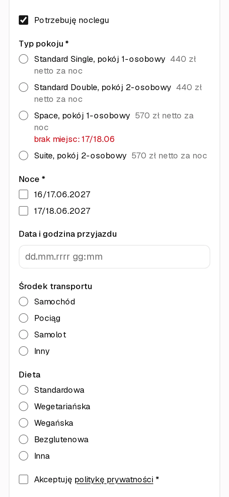 Zgłoszenie na telefonie: typy pokoi z ceną i dostępnością na każdą noc